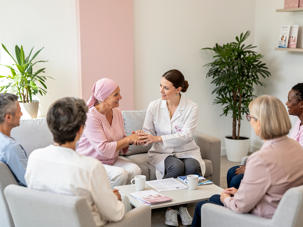 Doctor supporting cancer patient in pink headscarf during group therapy session in modern clinic