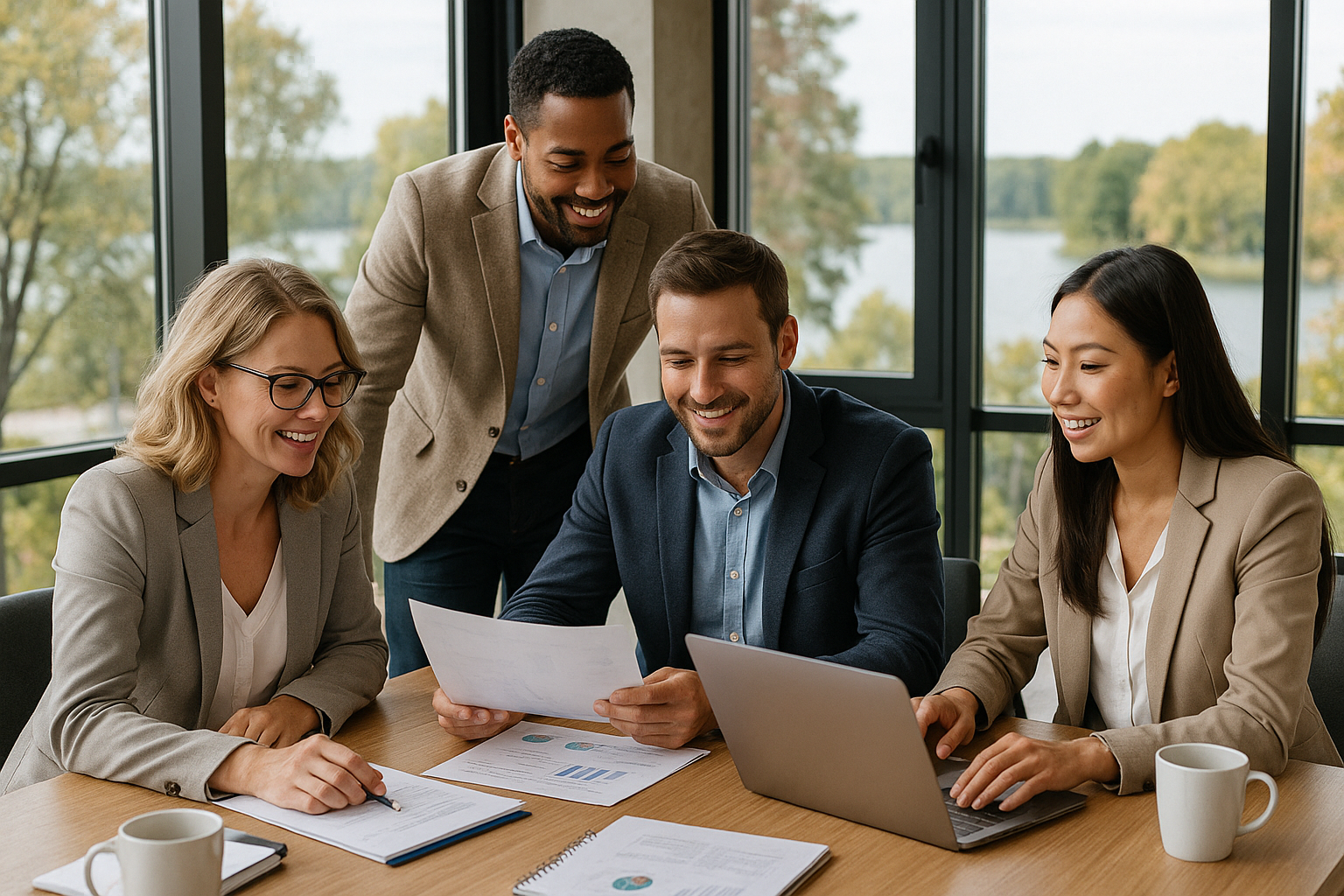 a team of business professionals collaborating in an office
