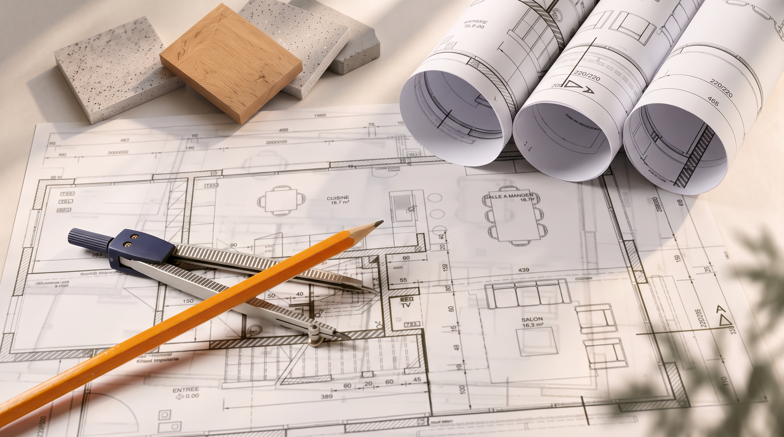 Équipe d’architectes travaillant sur des plans et modèles 3D dans un bureau moderne