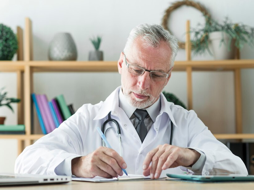Senior male doctor in white coat writing notes at desk in medical office with bookshelves and plants