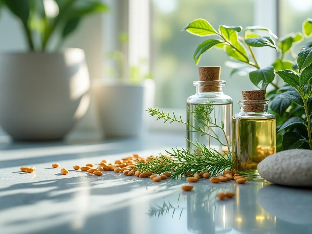 Two glass bottles with cork tops containing essential oils next to scattered seeds, green plants, and a smooth stone on a sunny windowsill.