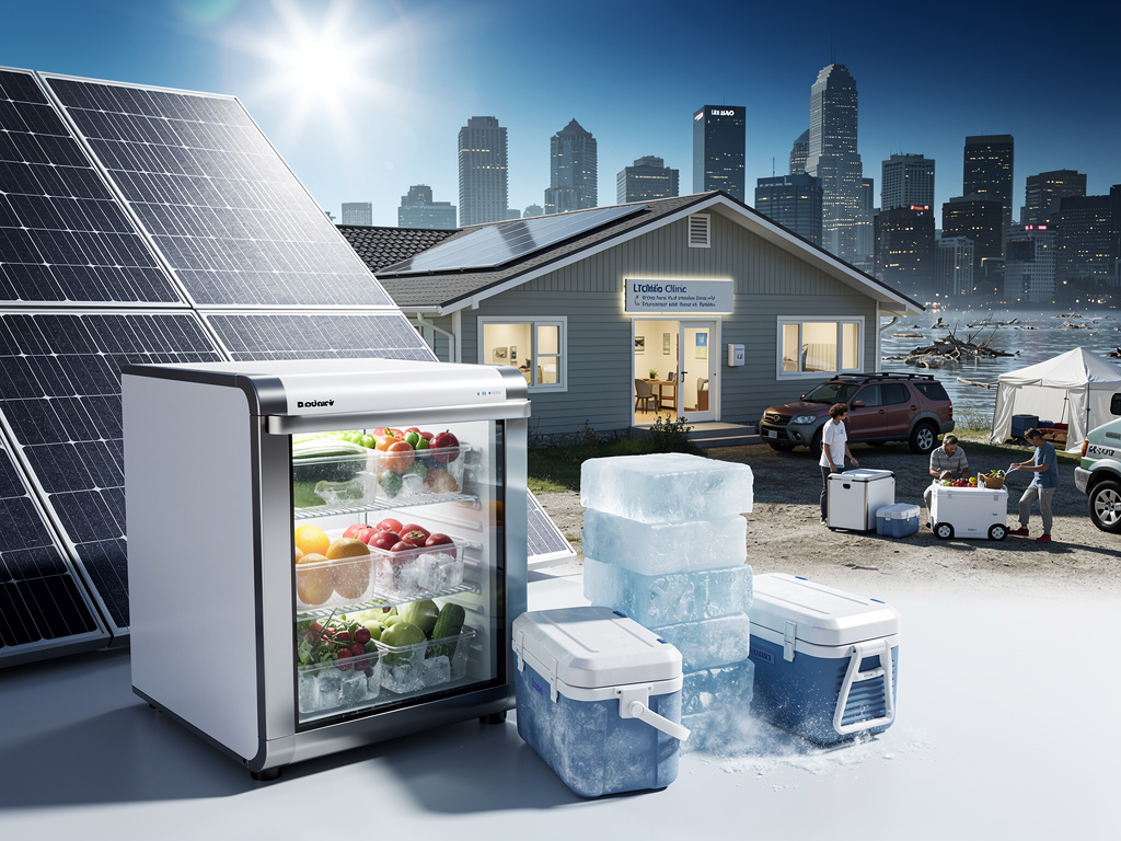 Solar-powered off-grid refrigerator with fresh produce, ice blocks, coolers, clinic building, and city skyline in background