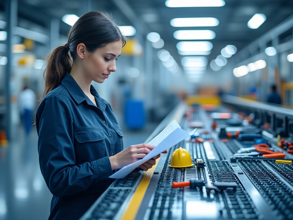 Mujer joven revisando documentos en una fábrica, vistiendo uniforme azul, con herramientas y casco de seguridad en la mesa. Mujer joven revisando documentos en una fábrica, vistiendo uniforme azul, con herramientas y casco de seguridad en la mesa.