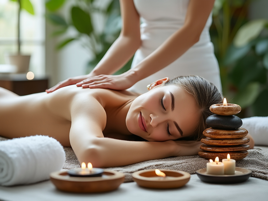 Woman receiving a relaxing back massage at a spa with candles and stones for a soothing atmosphere.
