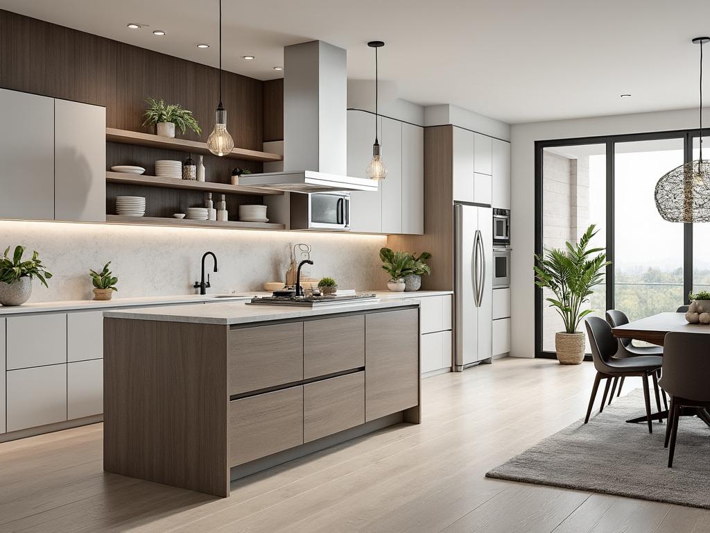 Modern kitchen interior with sleek cabinetry, large island, open shelving, stainless steel appliances, and large windows with natural light.