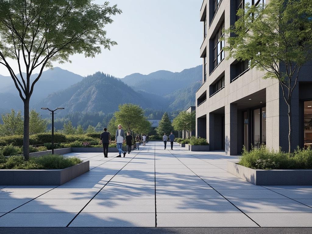 Modern urban walkway with trees and mountains in the background, people walking alongside a contemporary building.