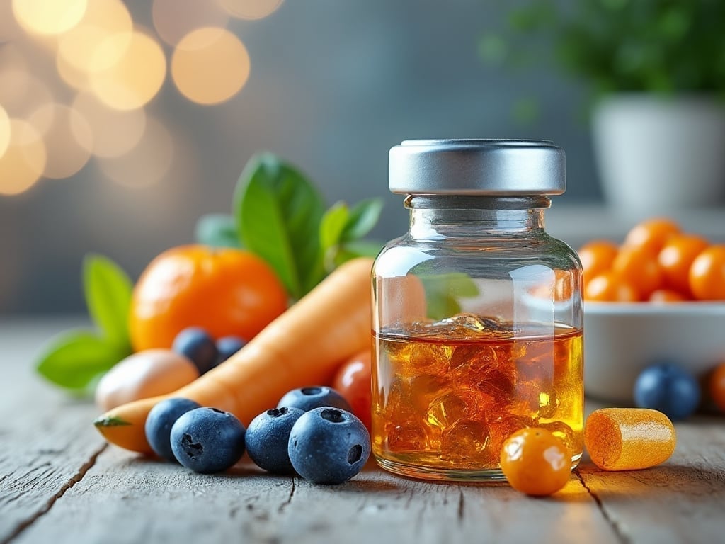 Glass jar with orange liquid surrounded by fresh fruits and vegetables including blueberries, carrots, and tangerines on a wooden table.