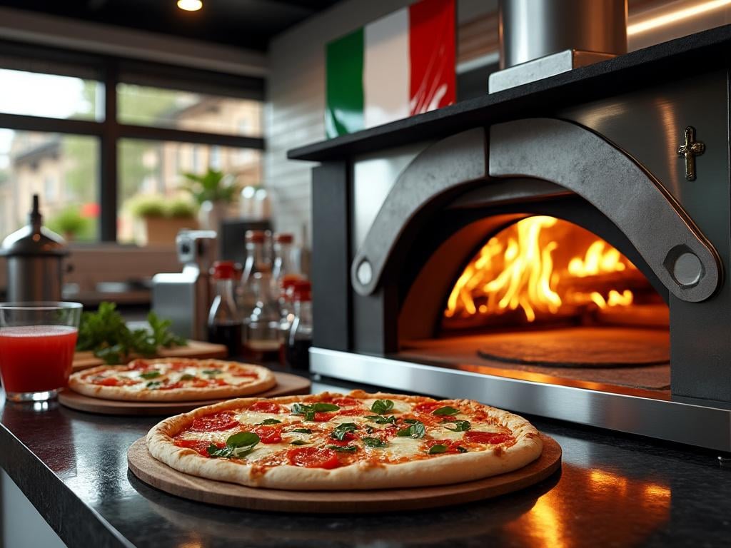 Freshly baked pizza with pepperoni and basil on a wooden board in front of a lit wood-fired oven in a cozy Italian kitchen setting.