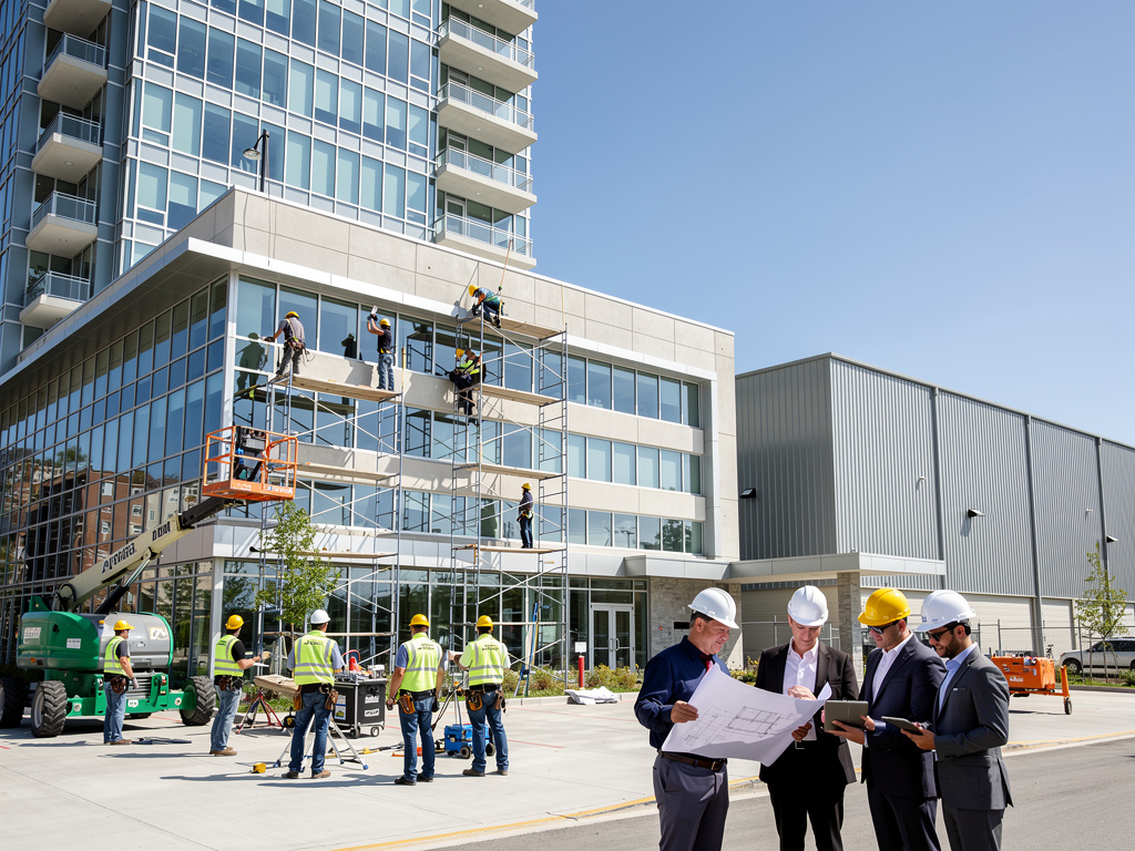 Construction workers on scaffolding renovating modern commercial building while engineers review blueprints