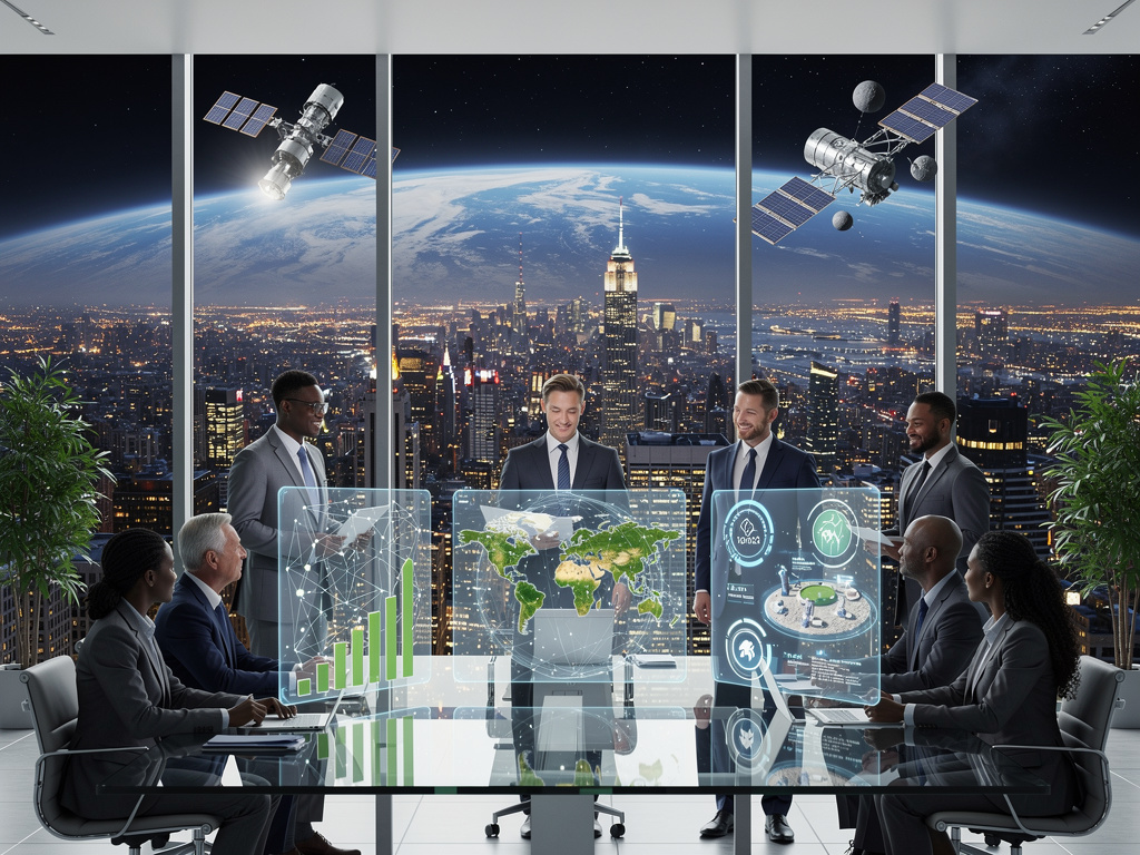 Business executives in futuristic boardroom analyzing holographic data with city skyline, Earth view, and satellites in space Business executives in futuristic boardroom analyzing holographic data with city skyline, Earth view, and satellites in space
