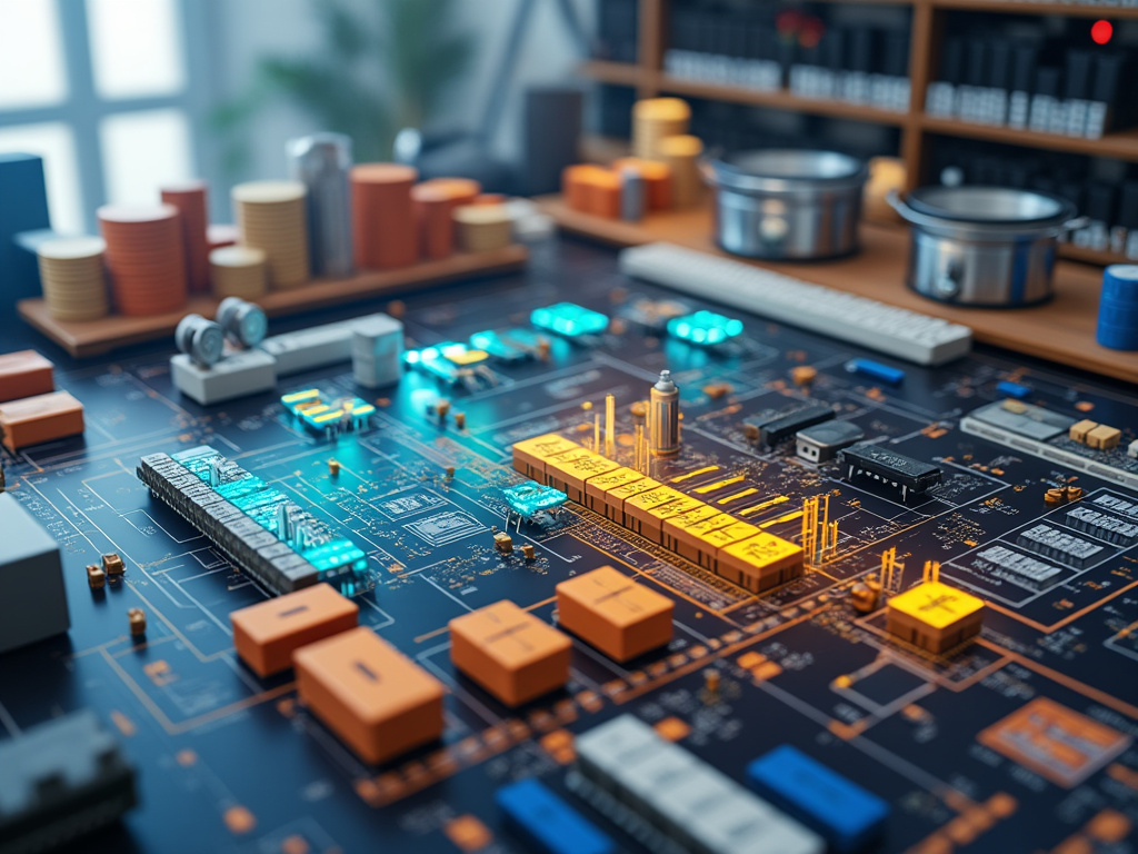 Close-up view of a detailed electronic circuit board with glowing blue and orange components, representing advanced technology.