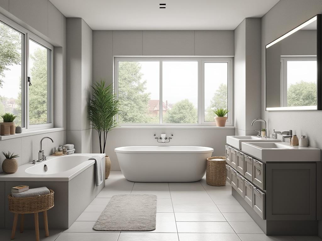 Modern bathroom with freestanding bathtub, dual sinks, large windows, and potted plants.