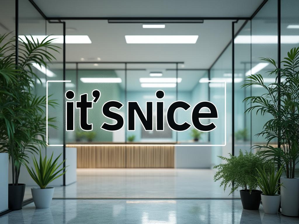 Office interior with modern decor, glass walls, and natural light featuring the words 'it's nice' in the foreground.