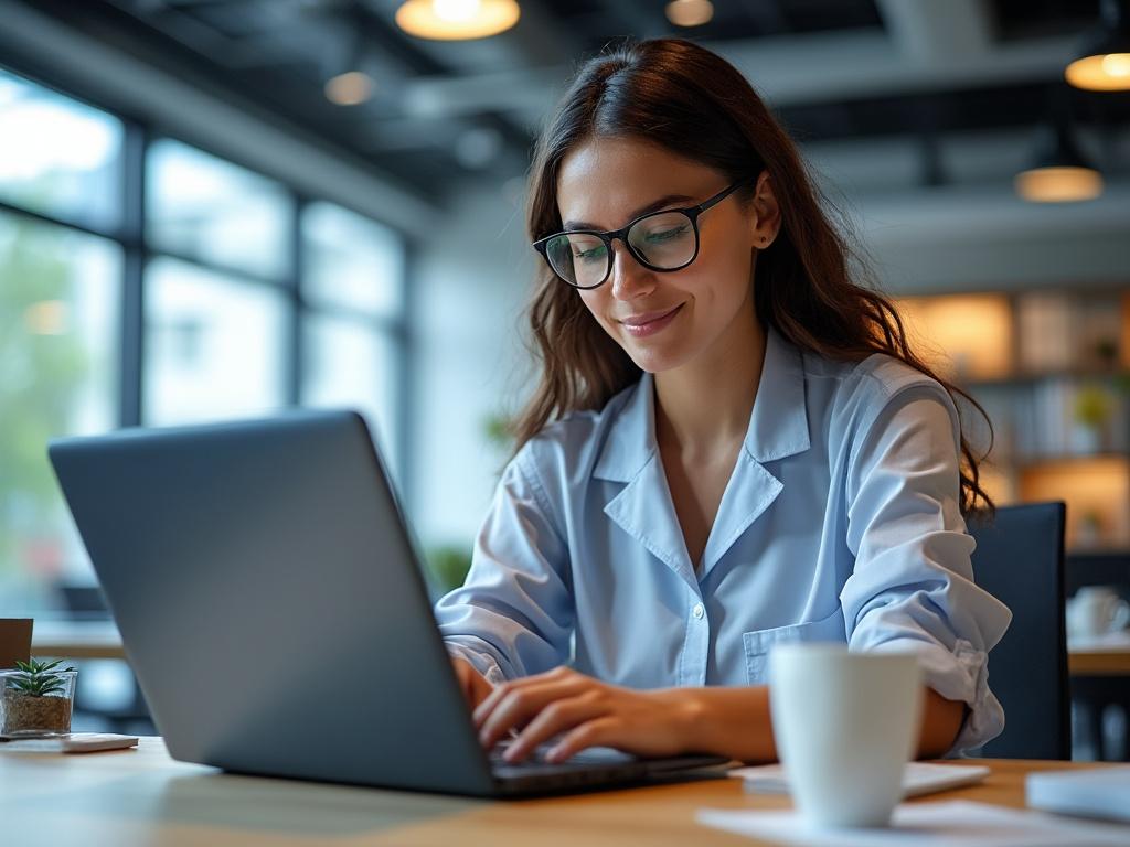 Woman in glasses working on a laptop at a modern cafe with ambient lighting.