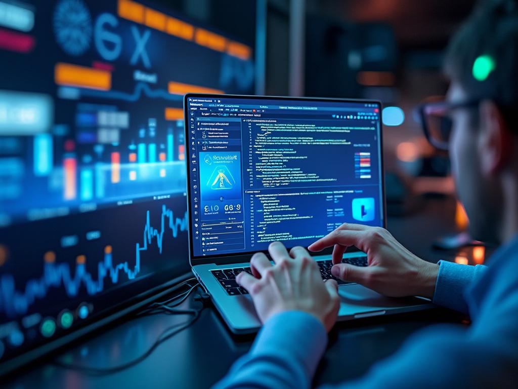 Person coding on a laptop with data analytics graphs displayed on screens in a modern tech workspace.