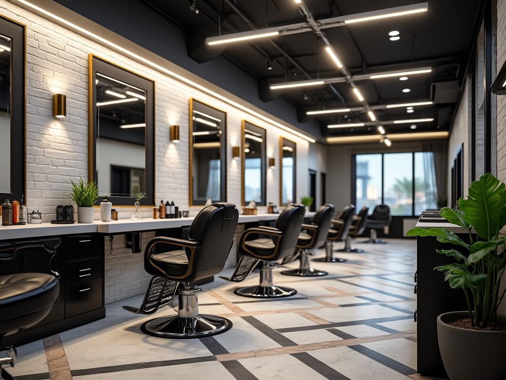 Modern barbershop interior with sleek black chairs, large mirrors, and stylish lighting on a white brick wall.