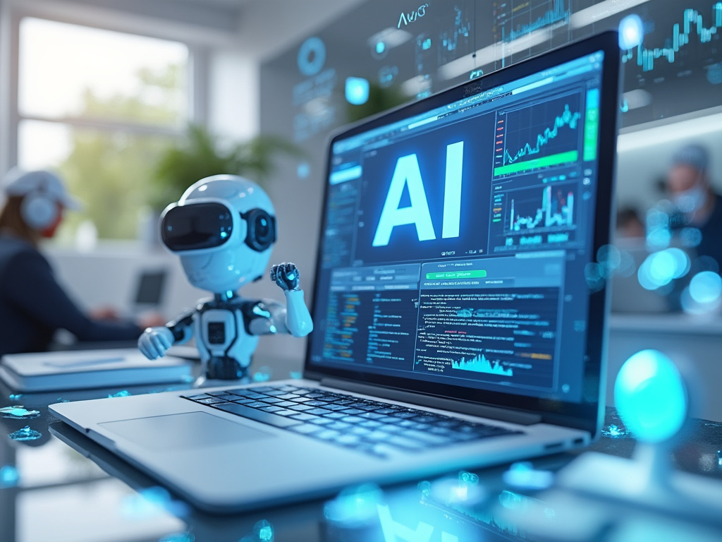 Futuristic office setting with a robot and laptop displaying AI software.