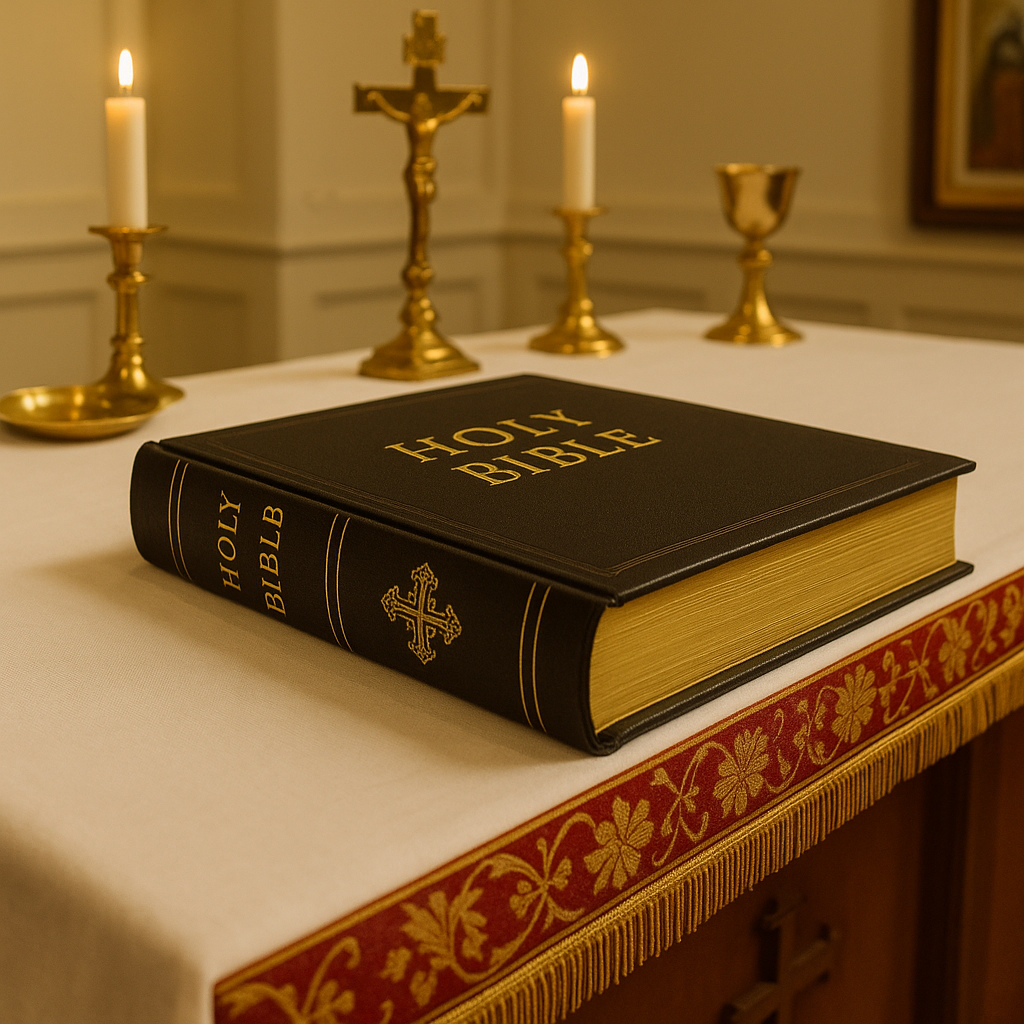 Open book on a wooden table with sunlight through a window and potted plants in the background.