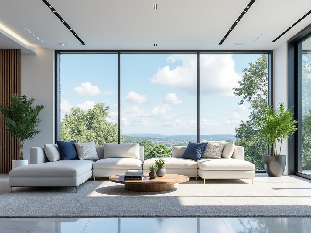 Modern living room with large windows, white sectional sofa, wooden coffee table, and indoor plants.
