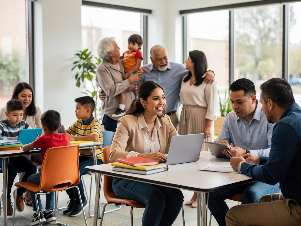 Multigenerational Latino family and children meeting with educators in a bright classroom setting