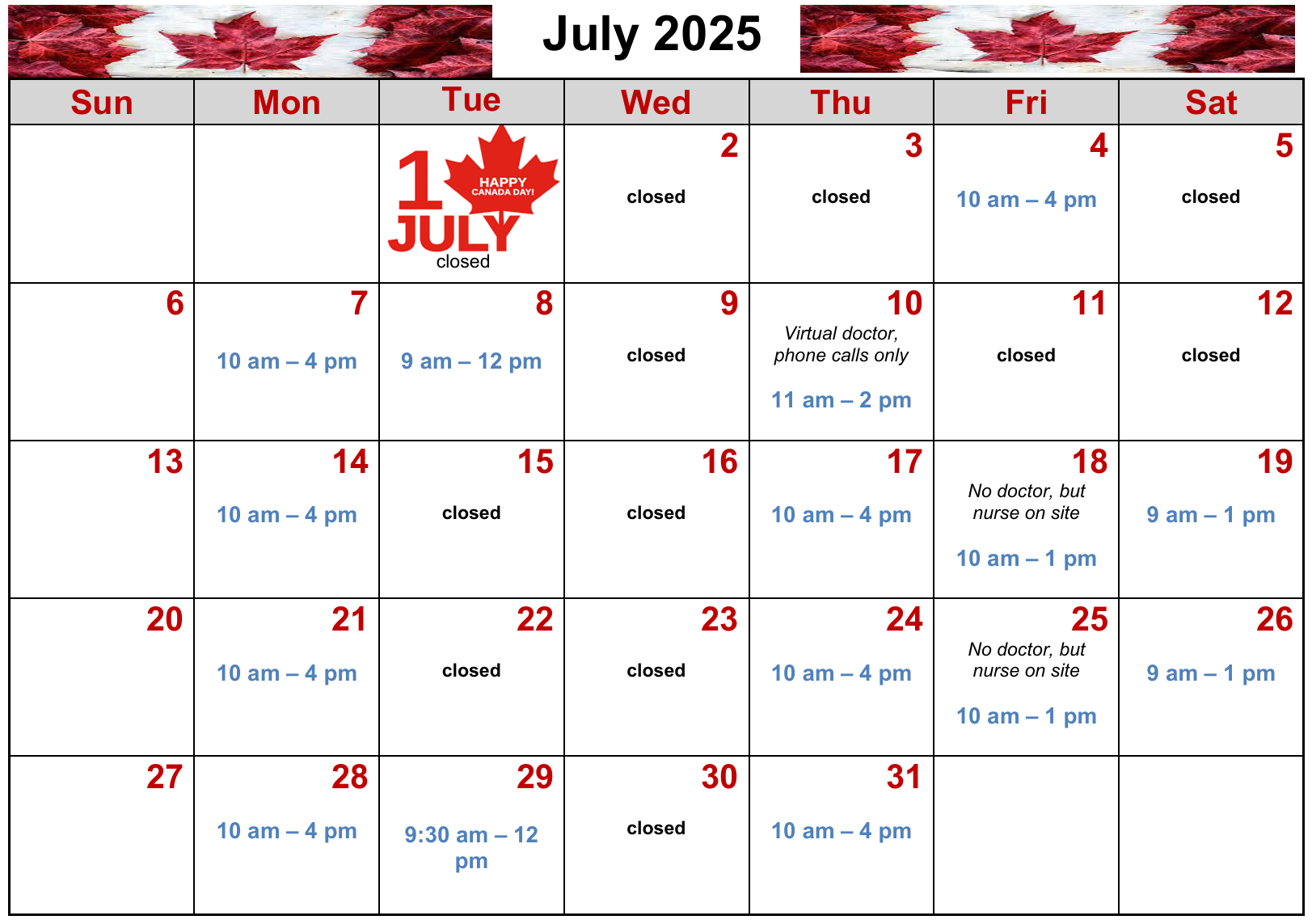 Clinic hours for this month