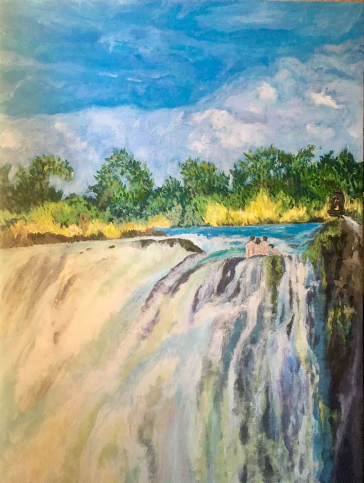 Mosi-oa-Tunya (Devils Pool, Victoria Falls), 40”X30” Acrylic on Canvas, Dru 2019, Zambia/Zimbabwe