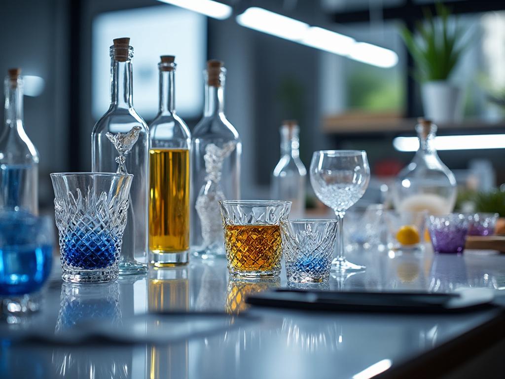 Elegant glassware and bottles on a reflective kitchen counter with colorful liquids and blurred background.