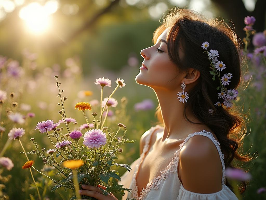 Woman in a flower field at sunset with daisies in her hair, holding a bouquet of colorful wildflowers.