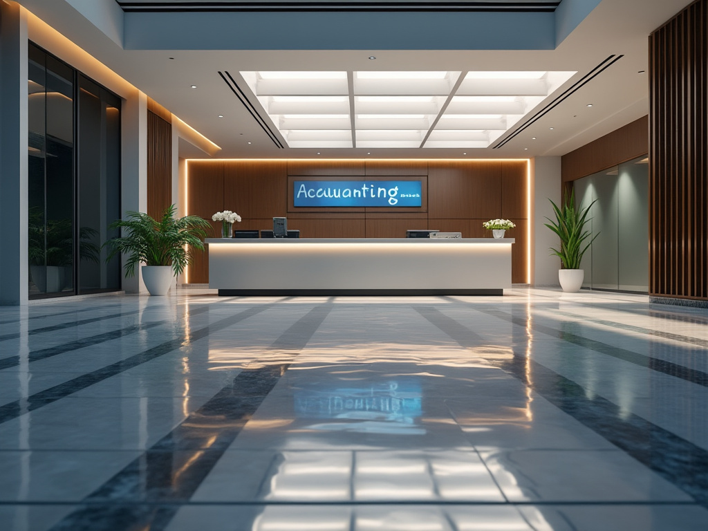 Modern accounting office reception lobby with illuminated front desk, marble floor, wood paneling, and indoor plants Modern accounting office reception lobby with illuminated front desk, marble floor, wood paneling, and indoor plants