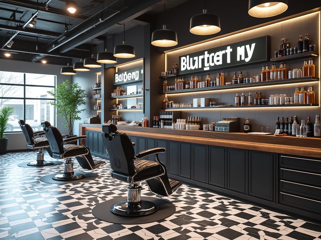Modern barbershop interior with stylish barber chairs, large window, and shelves filled with grooming products, illuminated by hanging lights.