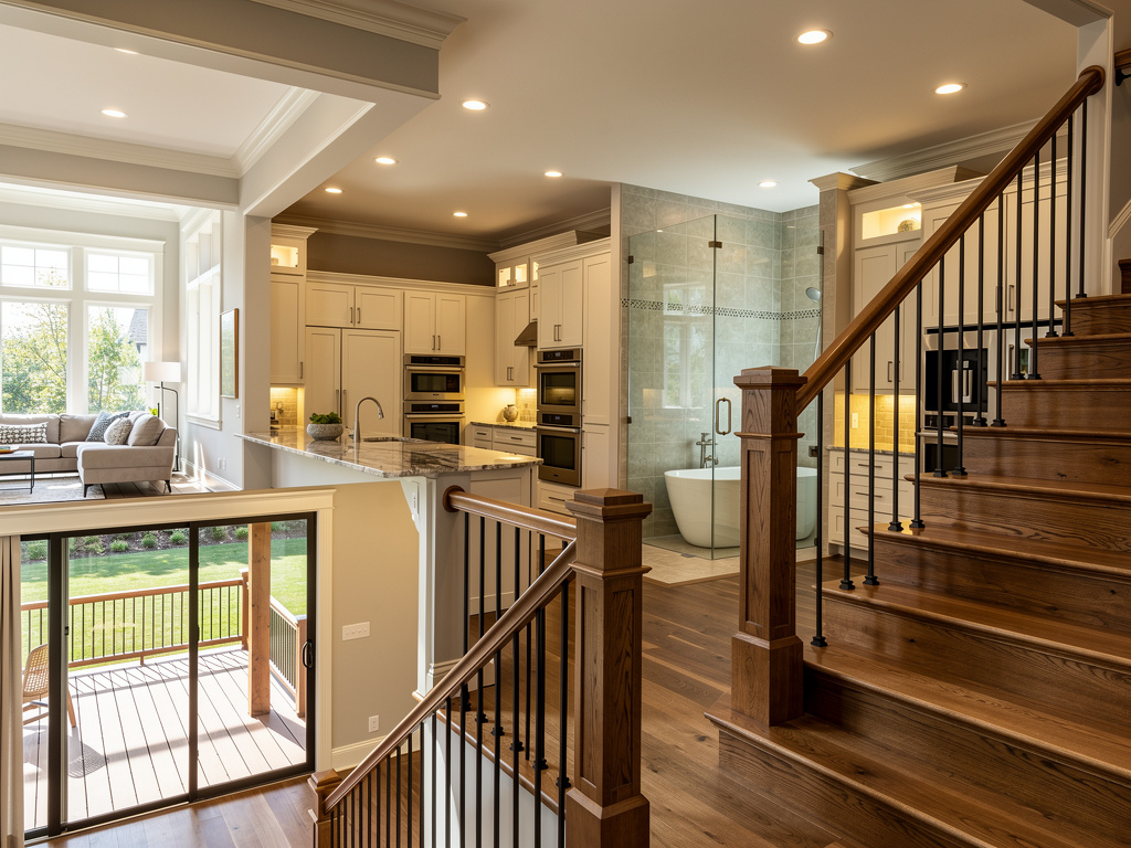 Luxury open-concept home interior with kitchen, living room, glass shower, freestanding tub, wooden staircase, and deck access