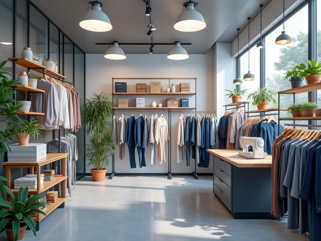 Modern boutique interior with clothing racks, wooden shelves, potted plants, and large windows.
Modern boutique interior with clothing racks, wooden shelves, potted plants, and large windows.