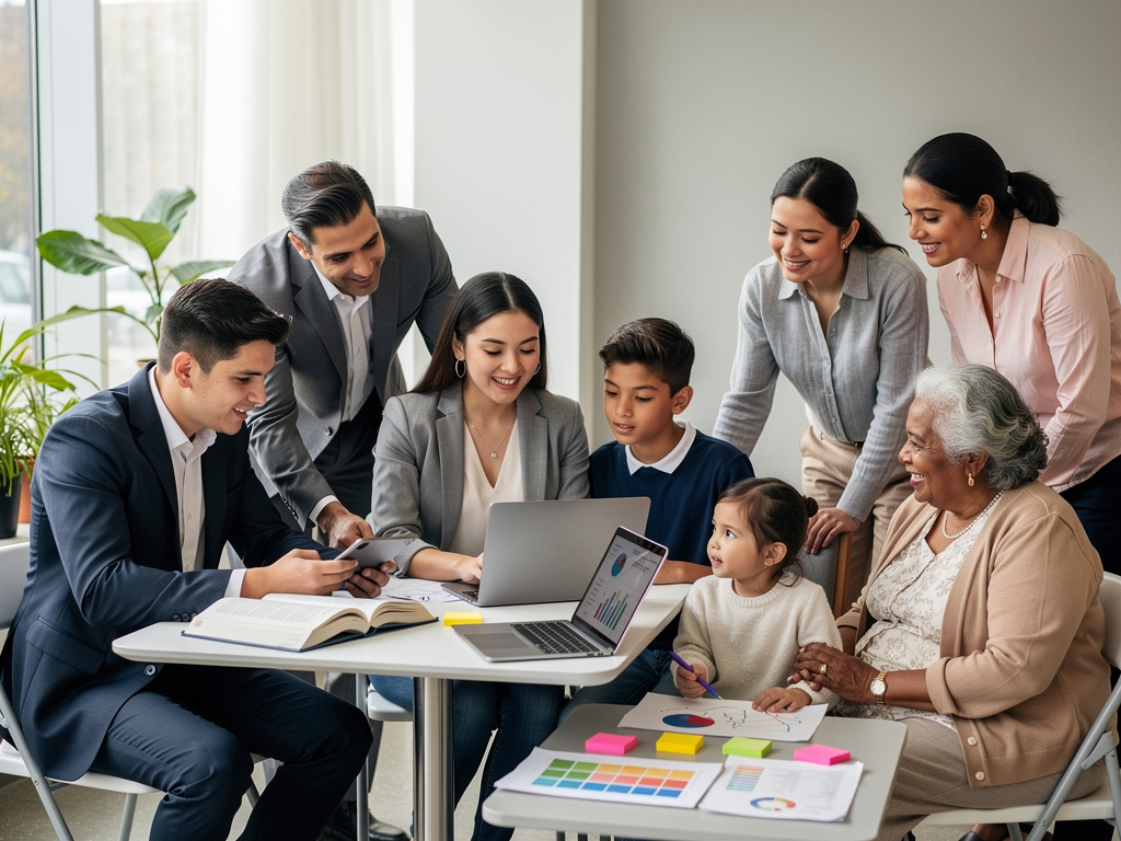 Multigenerational family and business team reviewing financial charts on laptops in a bright office meeting