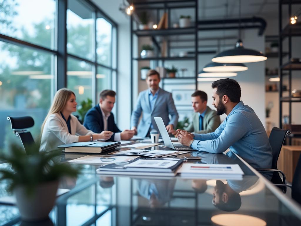 Business meeting with five professionals around a conference table in a modern office, discussing documents and using a laptop.
