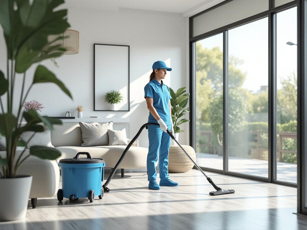Professional cleaner vacuuming modern living room with large windows and plants.