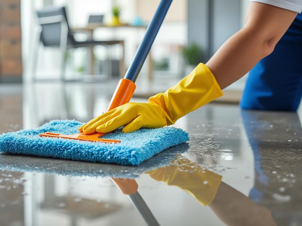 Person wearing yellow gloves cleaning the floor with a blue mop in a modern kitchen.