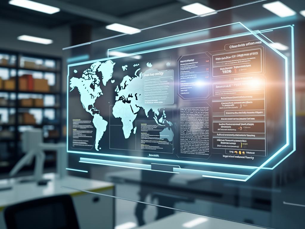 Futuristic office setting with a digital screen displaying a world map and data charts.
