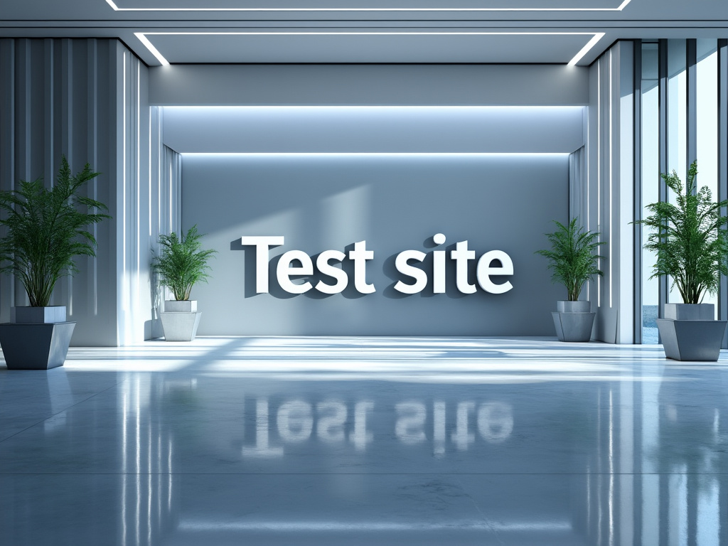 Modern interior with large 'Test site' text, surrounded by potted plants and sleek architectural elements.