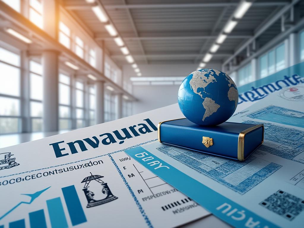 Modern office space with a desk displaying a blue globe and financial documents featuring graphs and text.