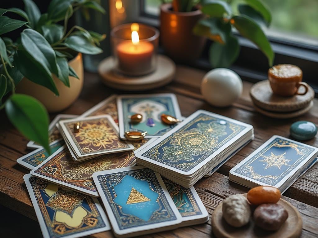 Tarot cards spread on a wooden table with crystals, candle, and potted plants.