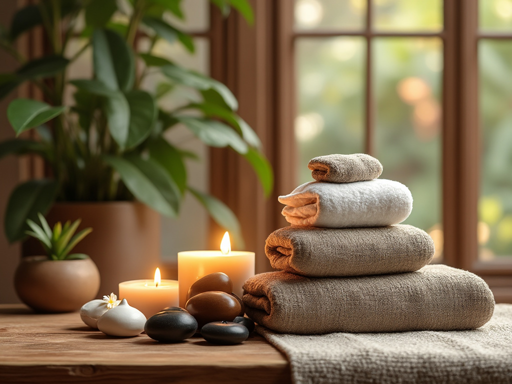 Cozy spa setup with stacked towels, lit candles, smooth stones, and potted plants on a wooden surface near a window.