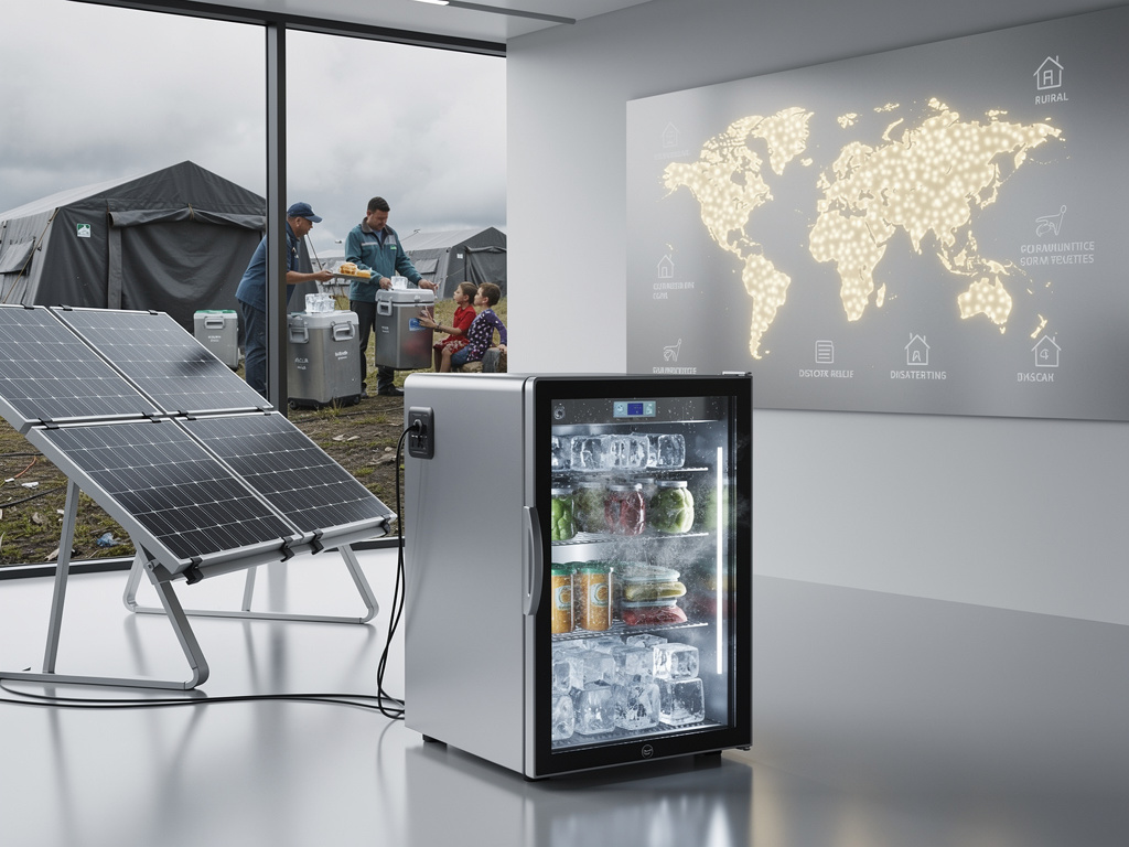 Solar-powered refrigerator for disaster relief with portable solar panels, emergency aid camp, and global humanitarian map display