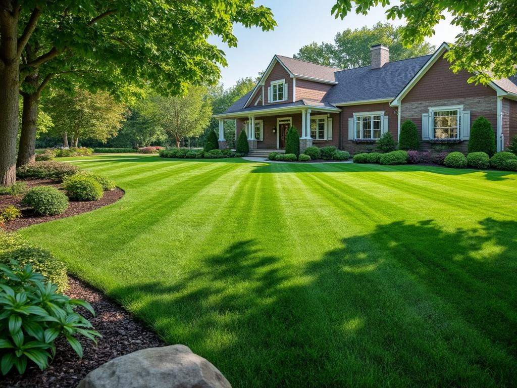 Beautiful suburban home with a well-maintained lawn, surrounded by lush trees and manicured bushes on a sunny day.