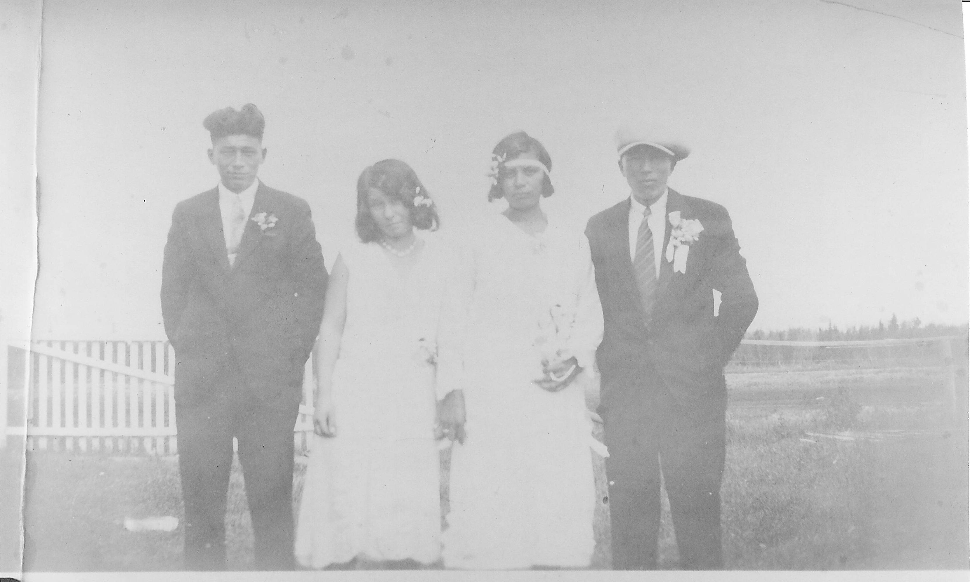 This picture is a bit perplexing - we have information that it is a double wedding on July 23rd 1934. We know one couple is Christiane (Moberly) and John Courtoreille and the other couple is unknown. Unfortunately we are unsure which couple is which! If you know please help us and comment below.
*EDIT* 

We have learned that the couple on the left is Peter and Maria Courtorille and John and Christiane are on the right. Peter and John are brothers! 
990.4.15.11 / Campbell, Edith