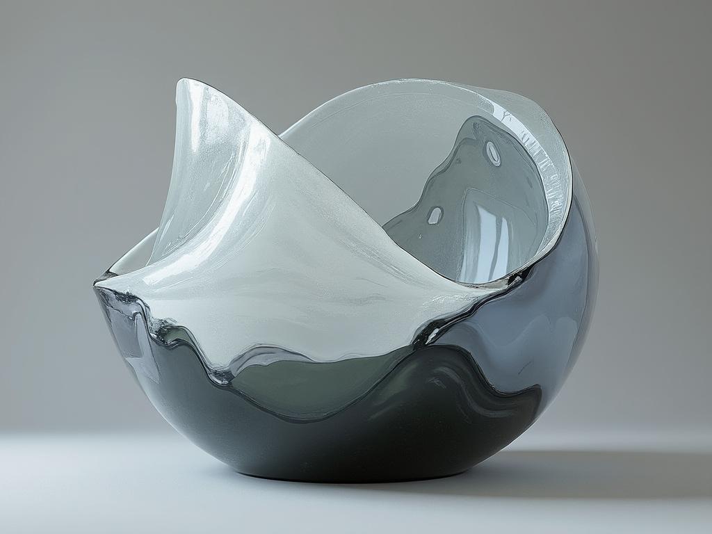 Abstract glass sculpture with smooth, flowing curves in black and gray tones on a neutral background.
