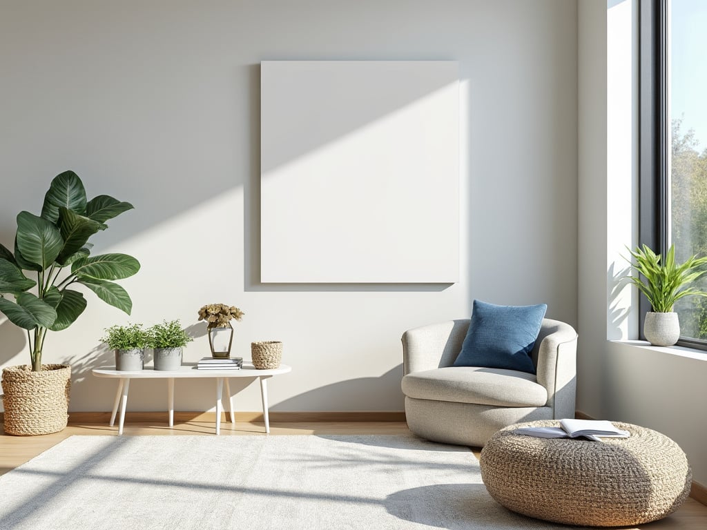 Modernes Wohnzimmer mit großem weißen Leinwandbild, beige Sessel mit blauem Kissen, Pflanzen auf einem Holztisch und natürlichem Licht von einem großen Fenster.