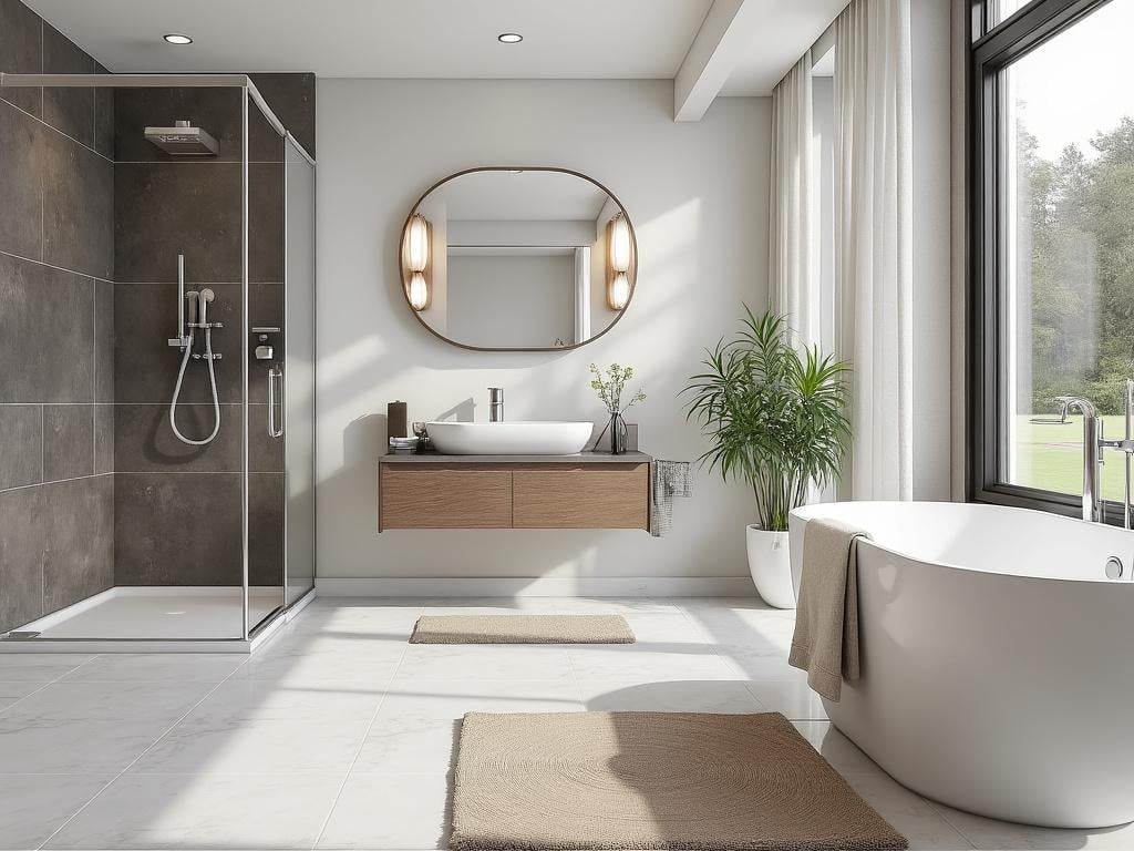 Modern bathroom with freestanding bathtub, glass shower enclosure, and wall-mounted sink with mirror.