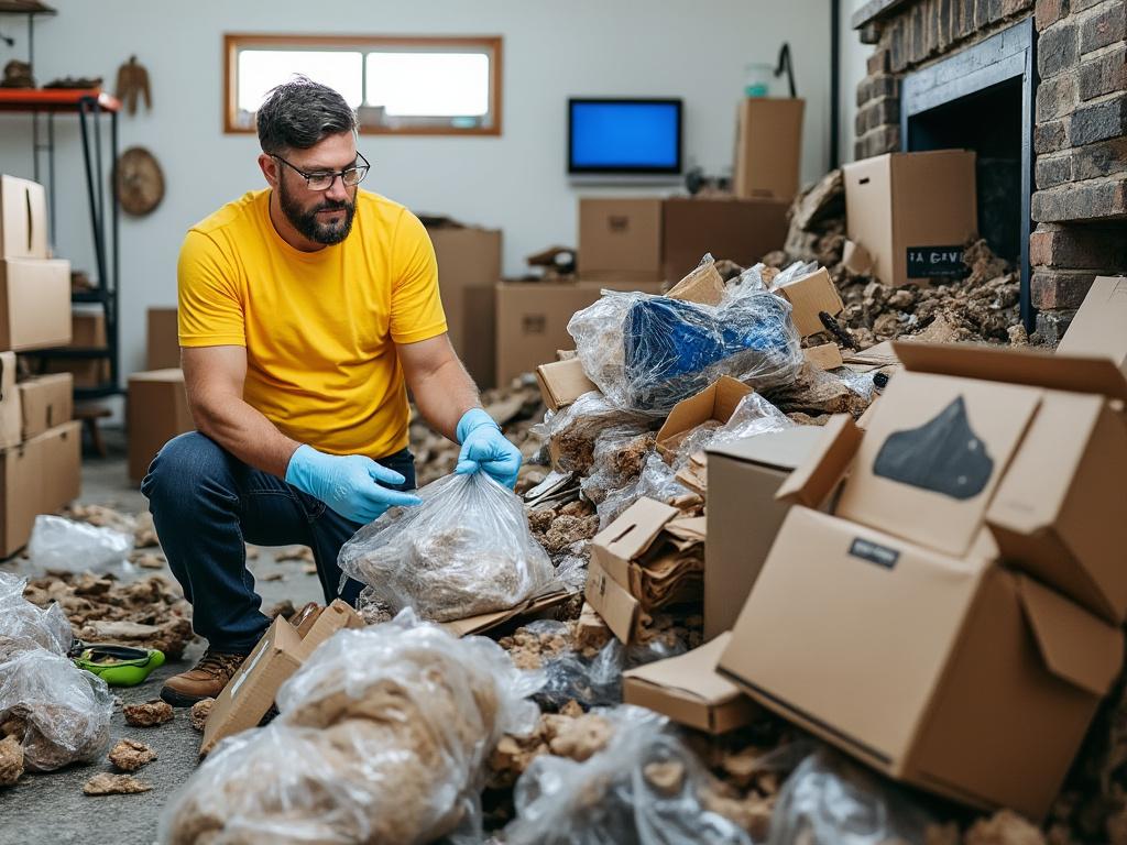 Man organizing artifacts in a cluttered room with boxes and debris, wearing a yellow shirt and gloves.