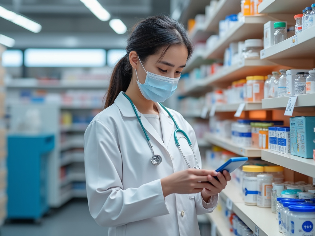 Masked female pharmacist in white coat using smartphone beside medicine shelves in a pharmacy