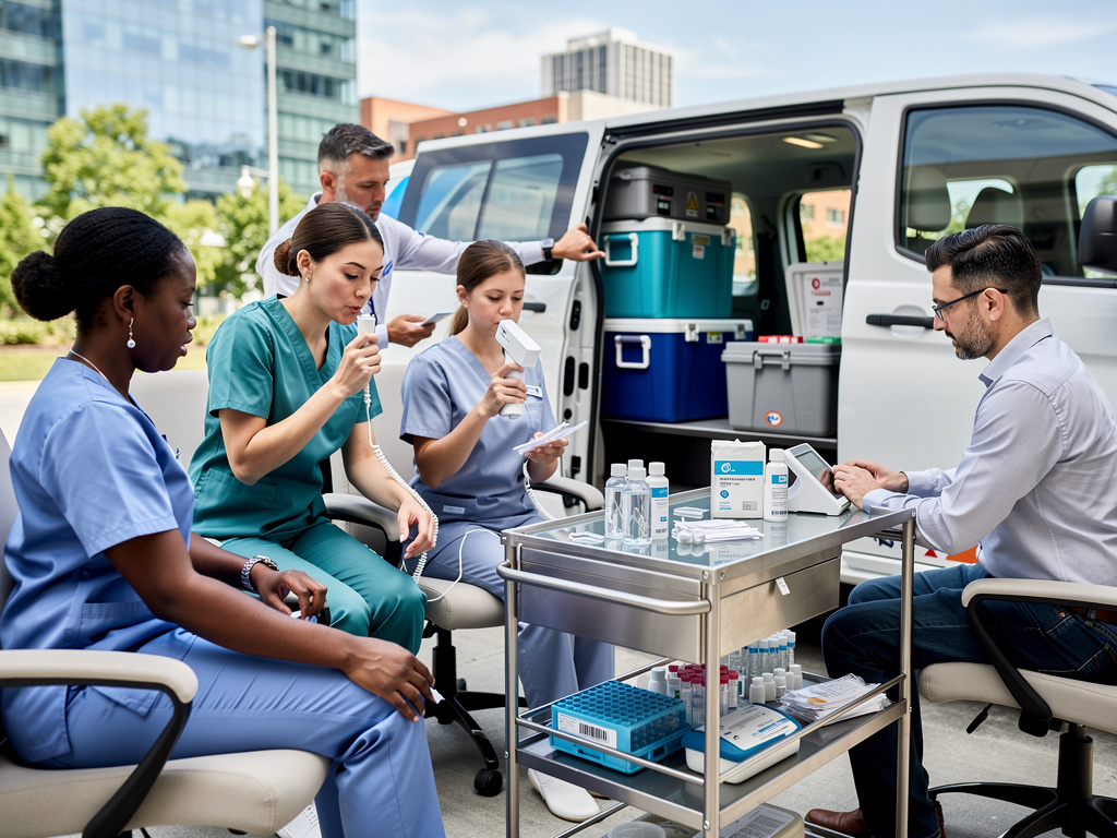 Healthcare workers conducting mobile medical testing beside a clinic van with equipment and supplies